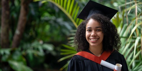Poster - A proud and smiling young graduate female wearing a cap and gown during her graduation ceremony