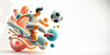 Soccer player in dynamic pose surrounded by abstract figures. 3D minimalist cute illustration on a light background.