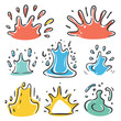 Colorful cartoonstyle splash shapes, various liquids splattering, vibrant splashes. Handdrawn splat set, artistic paint drips, creative ink stains. Isolated splash icons, graphic water blobs