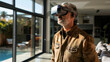 man stands in contemporary living space, engaged with augmented virtual reality glasses