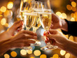 hands with glasses of champagne wine clink against in party blurred background