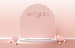 Display podium for Mother's day and Valentine's Day with heart. minimal pink background. product display presentation. studio room concept, minimal wall scene. vector design.