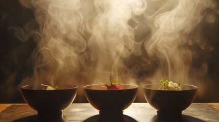 Bold silhouette of levitating bowls of steaming hot soup with garnishes