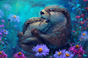 Wall Mural -  Two sea otters hugging each other in the lake