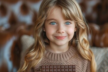 A pretty young girl holds a chocolate bar with positive eyes, radiating happiness.