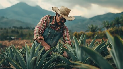 A Mexican farmer picking agave,