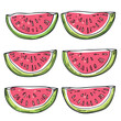 Handdrawn watermelon slices pattern, vibrant pink green colors, summer fruit design. Fresh watermelon illustration, juicy seed texture, ripe melon sketch isolated white background. Cartoon segments