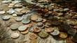 Close-up 45 degree field of view : Coins and banknotes lay scattered on many beige wooden tables.