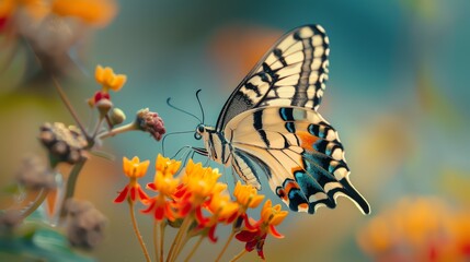 Wall Mural - A beautiful butterfly with yellow, black, and blue wings is perched on a flower.