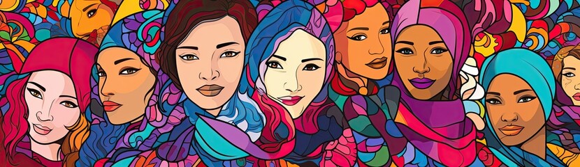 Wall Mural - Colorful Women: Artwork Showcasing a Group of Women with Diverse Facial Complexions