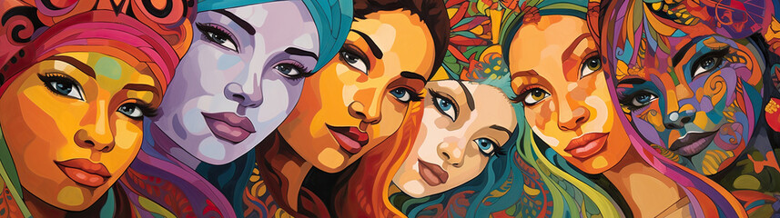 Wall Mural - Colorful Women: Artwork Showcasing a Group of Women with Diverse Facial Complexions