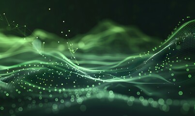 Wall Mural - abstract digital wave with green particles on dark background , generative ai