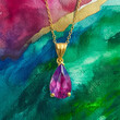 Delicate watercolor illustration of a birthstone pendant necklace, a perfect Mother's Day gift. Vibrant contrasting colors dance across the canvas in broad strokes.