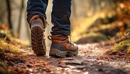 A person is walking on a trail with muddy boots. The boots are brown and have a rugged appearance. The person is wearing blue jeans and he is enjoying the outdoors