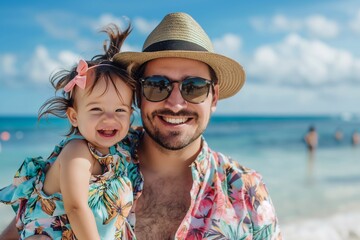 A happy young family are smiling and enjoying the beach. dad wearing sunglasses, tropical floral shirt and a hat, is holding his baby girl in his arms. generative AI