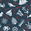 Nautical marine yachting sailing elements patchwork wallpaper vintage vector seamless pattern  for fabric shirt placemat rug carpet pillow tablecloth grunge effect in separate layer