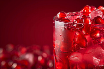 Wall Mural - A glass of red pomegranate drink with ice cubes and red fruit pieces. pomegranate juice close up, with transparent ice, dark red background