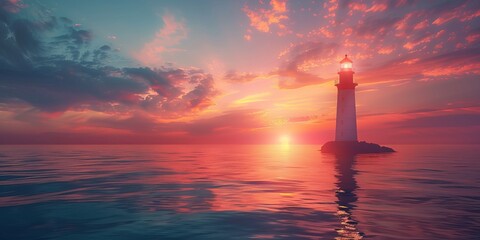 Wall Mural - sunset over the ocean with lighthouse
