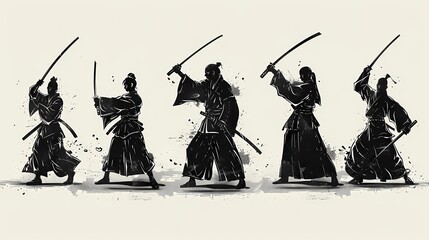 Five samurai warriors in different sword fighting stances