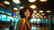 Chic portrait of a young Asian woman in a hat and sunglasses at an airport terminal, reflecting travel excitement and Asian culture.