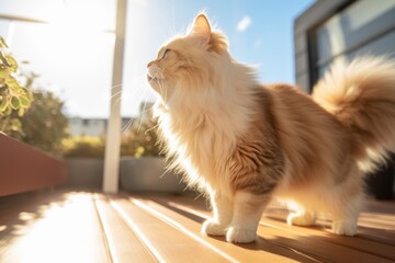 Wall Mural - Medium shot portrait photography of a funny persian cat tail wagging while standing against sunny balcony