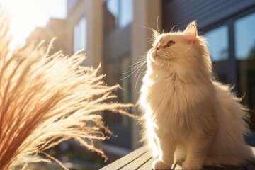 Wall Mural - Medium shot portrait photography of a funny persian cat tail wagging while standing against sunny balcony