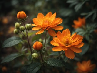 Orange wild autumn flowers growing in the garden