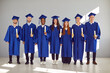 Group of happy diverse students in hats and gowns on graduation day. Indoor portrait of seven cheerful smiling university graduates in traditional blue robes and caps standing in row by grey wall