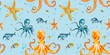 Seamless summer pattern, watercolor illustration in marine, underwater style with coral fish, octopus and starfish. Template for fabric, wrapping paper, wallpaper, summer illustration, wallpaper