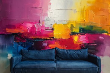 Poster - A vivid abstract piece fills the background with bold pinks and yellows, providing a spirited backdrop to a modern blue sofa in a bright interior scene