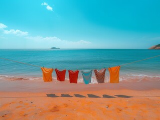 Wall Mural - A set of Laundry hung on the Beach to dry