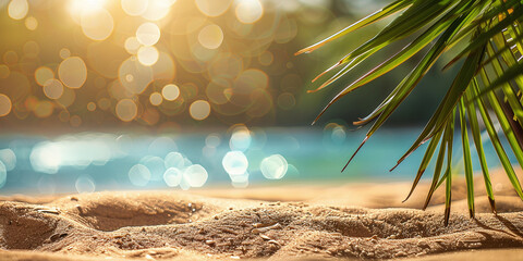 Wall Mural - Sand with blurred Palm and tropical beach bokeh background, Summer vacation and travel concept