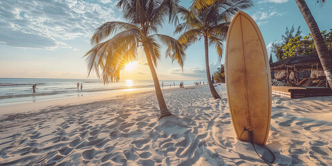 surfboard leaning against palm tree on the beach with copy space