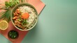 Chicken rice bow with egg, sesame parsley, tomato and sauce