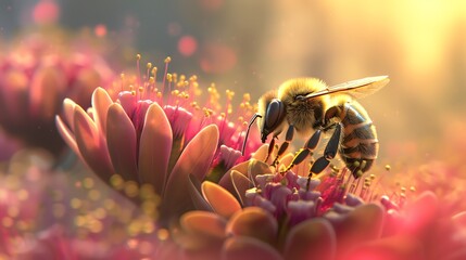 Wall Mural - A bee pollinates a flower. The bee is covered in pollen. The flower is pink and yellow. The background is blurry.