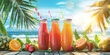 three bottles of fruit juice on wooden table with tropical beach background, fresh orange and strawberry fruits and green leaves near glass bottle, drinking straw in colorful smoothie for summer