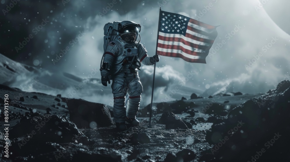 An Astronaut proudly plants a United States flag on an alien planet as ...