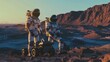 Spacesuits and a Space Rover prepare for an expedition to explore the surface of an alien planet. Concept of Space Exploration and Solar System Colonization.