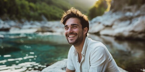 A cheerful young man with a radiant smile sitting by a river in nature, emitting a vibe of freedom