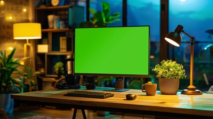 Poster - A mock-up green screen display with a personal computer stands on a desk in the comfortable living room of a prominent designer.