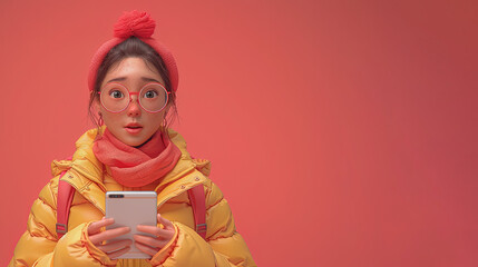 Wall Mural - 3D beautiful female character wearing yellow suit hold smartphone, with empty space for text.