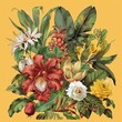 Exotic tropical floral arrangement with leaves on yellow background. Beautiful bouquet of flowers, detailed botanical illustration.