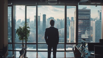 Poster - An imposing businessman in a suit stands in his office and looks out the window thoughtfully.