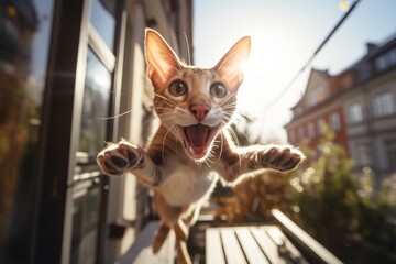 Wall Mural - Close-up portrait photography of a smiling oriental shorthair cat jumping on sunny balcony