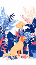 Greeting Card With A Blond Woman And Labrador Retriever Dog Among Potted House Plants