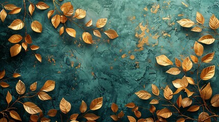 An art wallpaper with a gold decoration. Modern art, background, plants, bamboo, and floral patterns. The background is green, with golden leaves, plants, and bamboo of curvature of the line, an