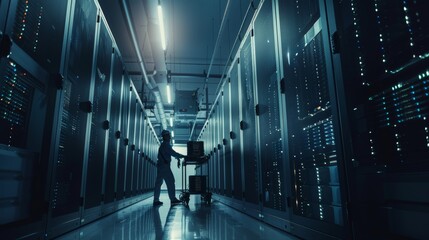 Poster - Typical modern data center: Engineer and IT professionals work on a pushcart to install new hardware. IT specialists maintain and diagnose databases.