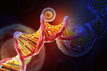 DNA gene helix spiral molecule structure on scientific background. 3d illustration