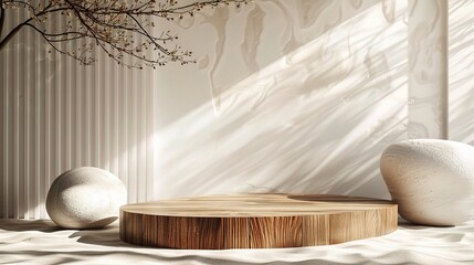 Poster - wood surface with natural textures, blending with an abstract white 3D room 