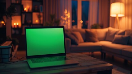 Poster - Laptop computer with green key screen stands on a desk in the living room. In the background, cozy living room lit with warm lights.